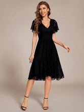 V-Neck Lace Midi Wedding Guest Dress with Short Sleeves